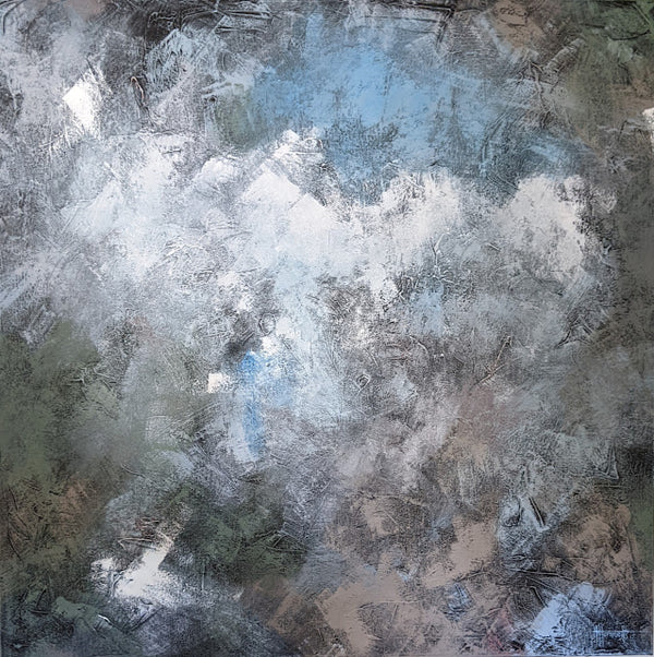 Abstract art with a mix of gray, blue, and white colors.