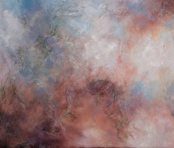 Abstract painting with a mix of pink, blue, and purple hues