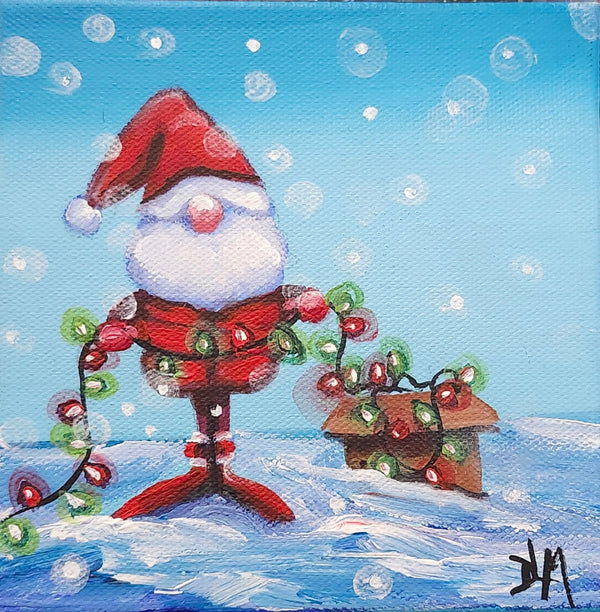 Illustration of a gnome with a red hat and scarf, surrounded by Christmas lights on a snowy background.