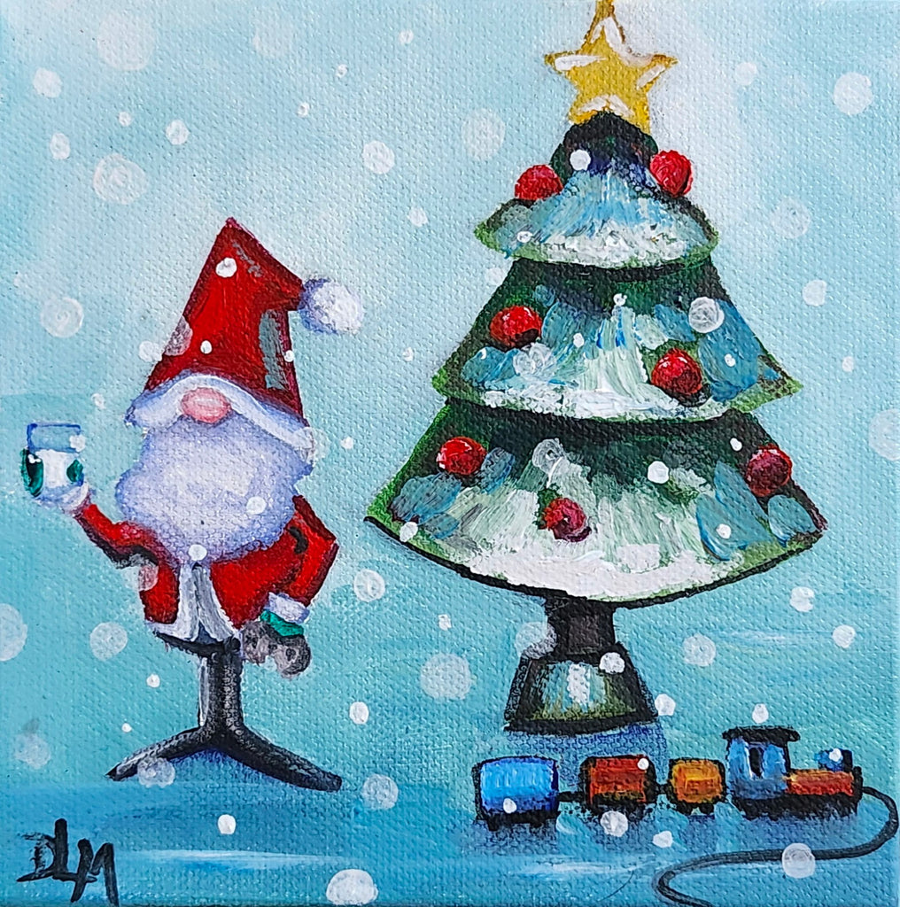 Painting of a gnome with a Christmas tree and train on a snowy background