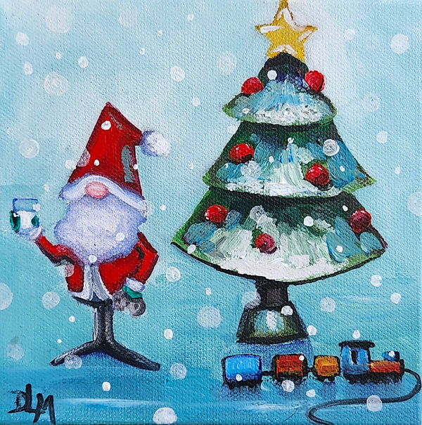 Painting of a gnome with a Christmas tree and train on a snowy background