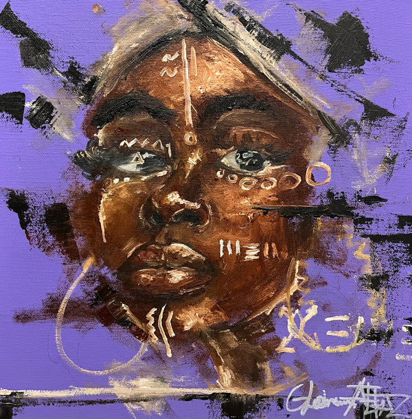 Abstract painting of a face with artistic brush strokes on a purple background