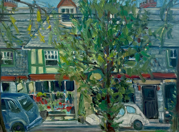 Painting of a street scene with a tree in the foreground