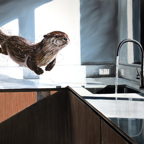 A realistic painting or illustration of an otter leaping through splashing water in a modern kitchen, with a running faucet, dark wood cabinets, white countertops, and a window showing a brick wall outside.