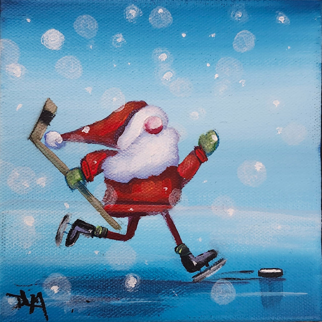Painting of Santa Claus ice skating on a blue background with snowflakes.
