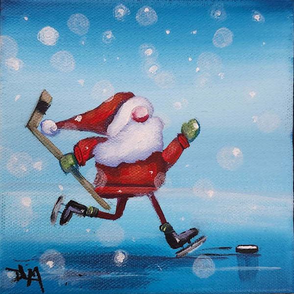 Painting of Santa Claus ice skating on a blue background with snowflakes.