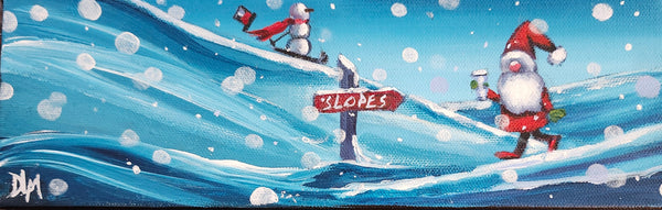 Cartoon Santa Claus skiing down a snowy slope with a sign pointing to 'Slopes'.