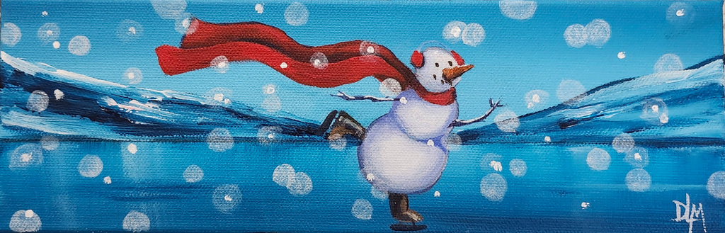 Painting of a snowman with a red scarf on a blue background with snowflakes.