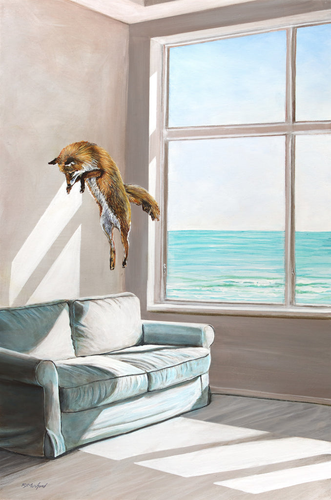 Fox leaping from a couch into a room with a large window overlooking water.