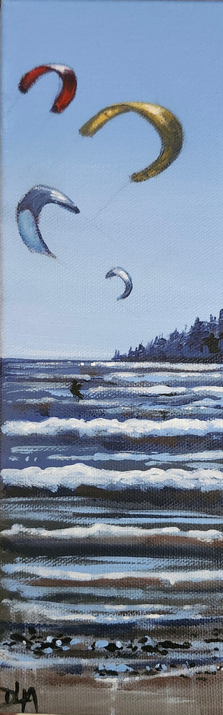 Artistic depiction of kites over water with a blue sky.