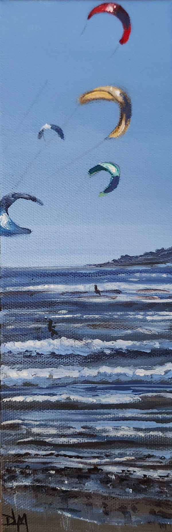 Painting of kitesurfers with colorful kites over a beach scene.