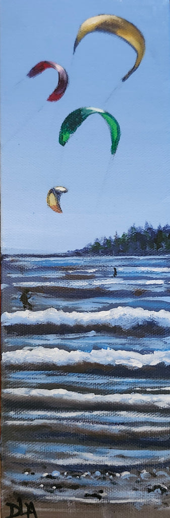 Painting of kitesurfers on a wave with a clear sky