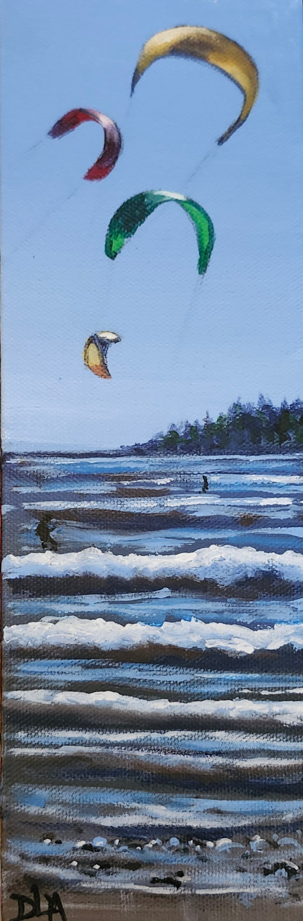 Painting of kitesurfers on a wave with a clear sky