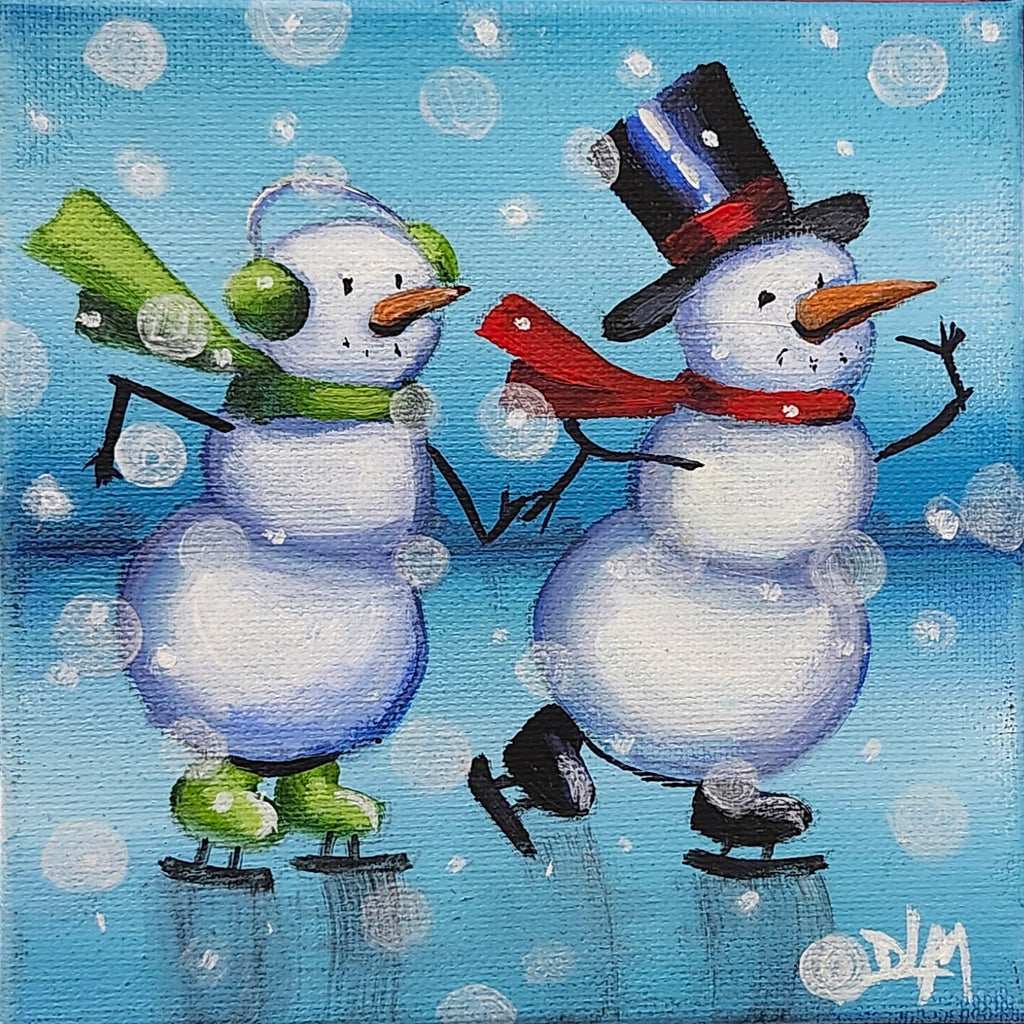 Two snowmen skating on ice with a blue background