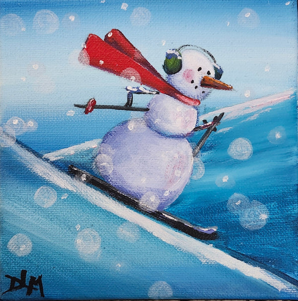Painting of a snowman skiing with a red hat on a blue background