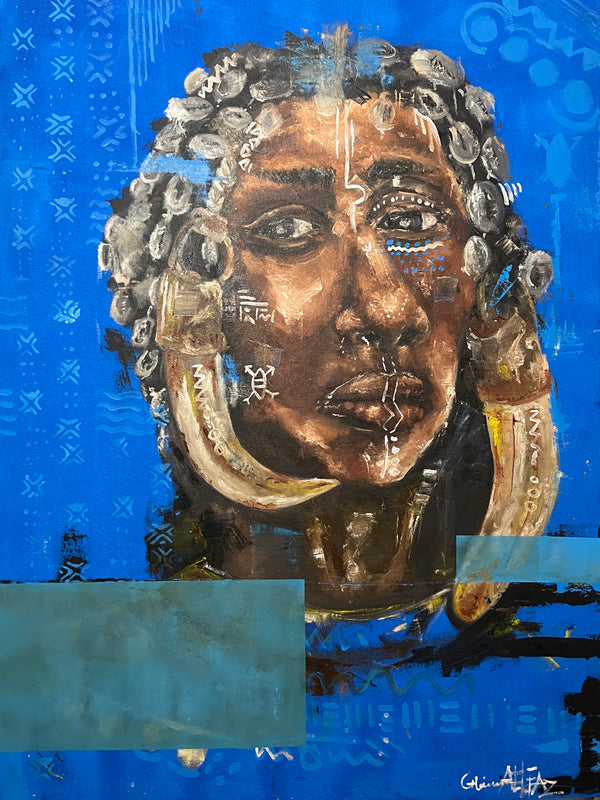 Artistic depiction of a face with intricate details on a blue background
