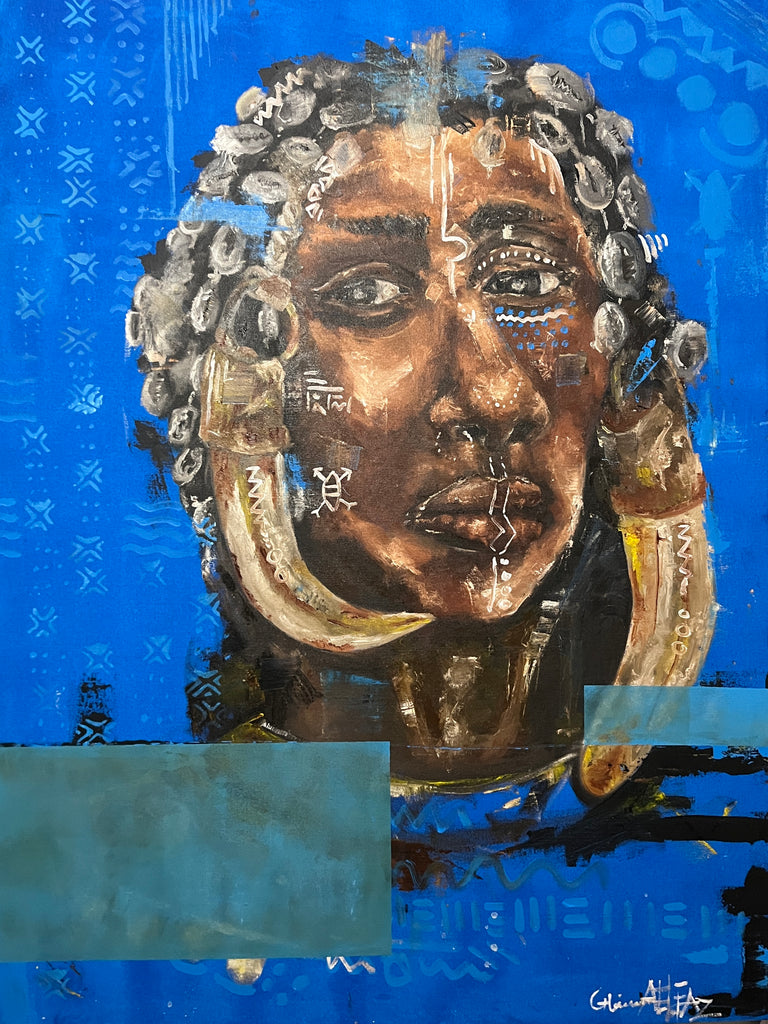Artistic depiction of a face with intricate details on a blue background
