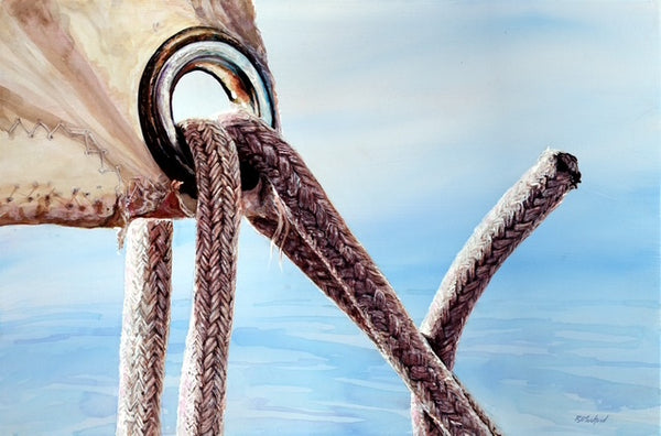 Close-up of a rope tied to a metal cleat with a blurred blue sky background