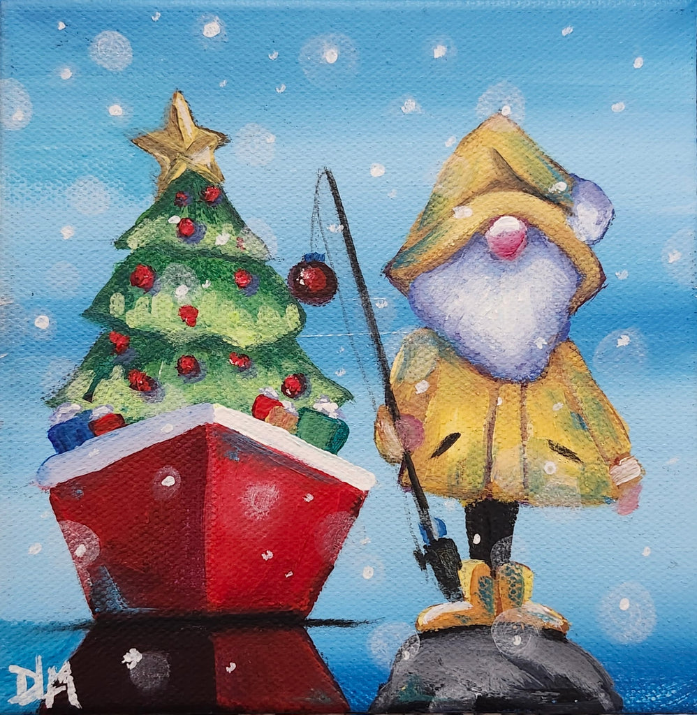 Gnome in a yellow raincoat fishing next to a decorated Christmas tree on a snowy day.