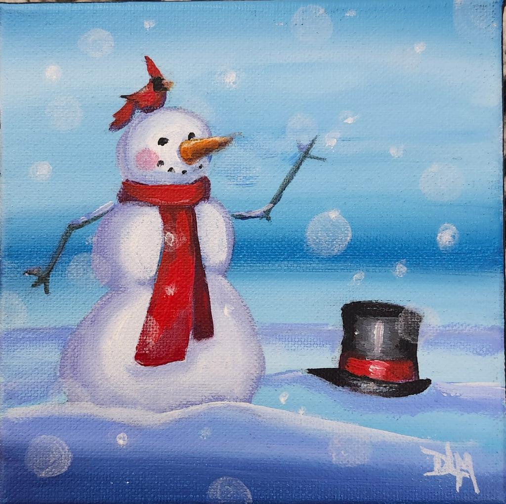 Painting of a snowman with a red scarf, cardinal, and top hat on a snowy background.