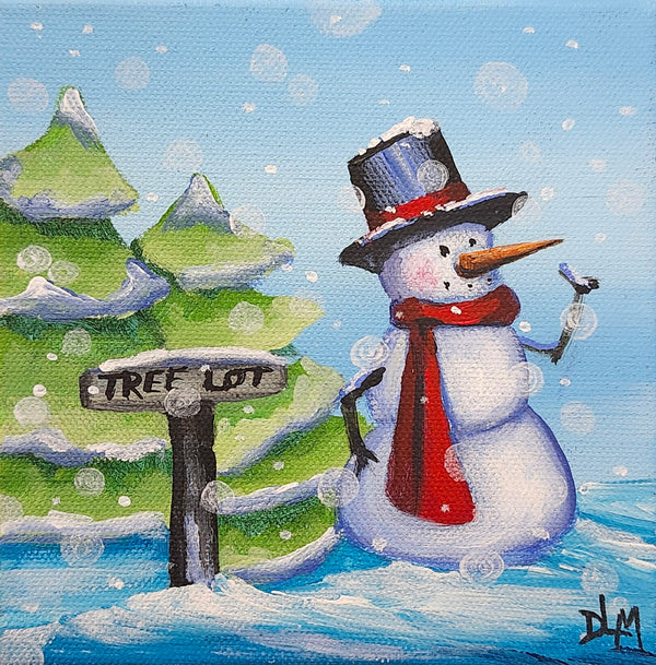 Painting of a snowman with a top hat and red scarf standing next to a 'Tree Lot' sign with a snowy landscape in the background.