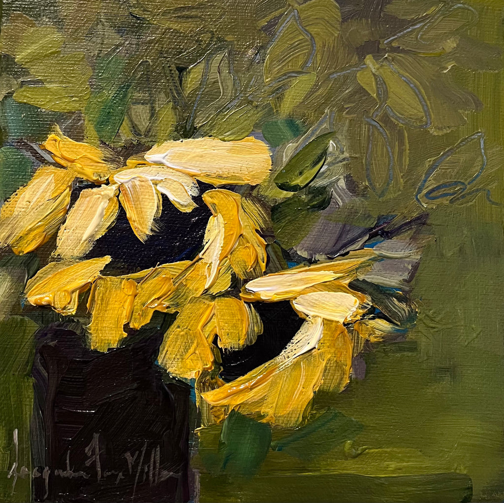 Oil painting of yellow flowers in a black vase on a green background
