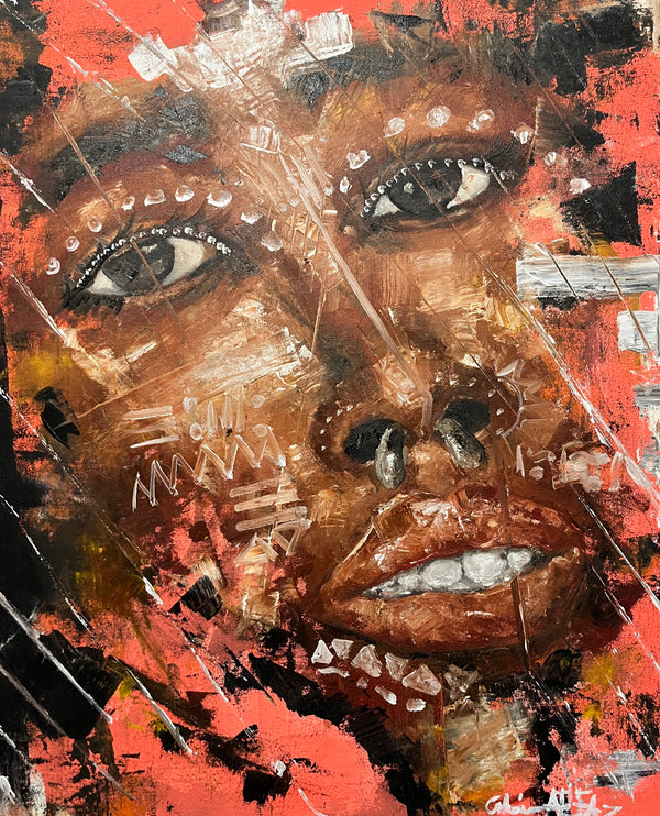 Abstract art piece with a face on a red and black background