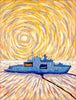 A stylized painting of a blue military ship on calm water under a swirling yellow and cream sky, rendered in an impressionistic Van Gogh-inspired brushstroke style.