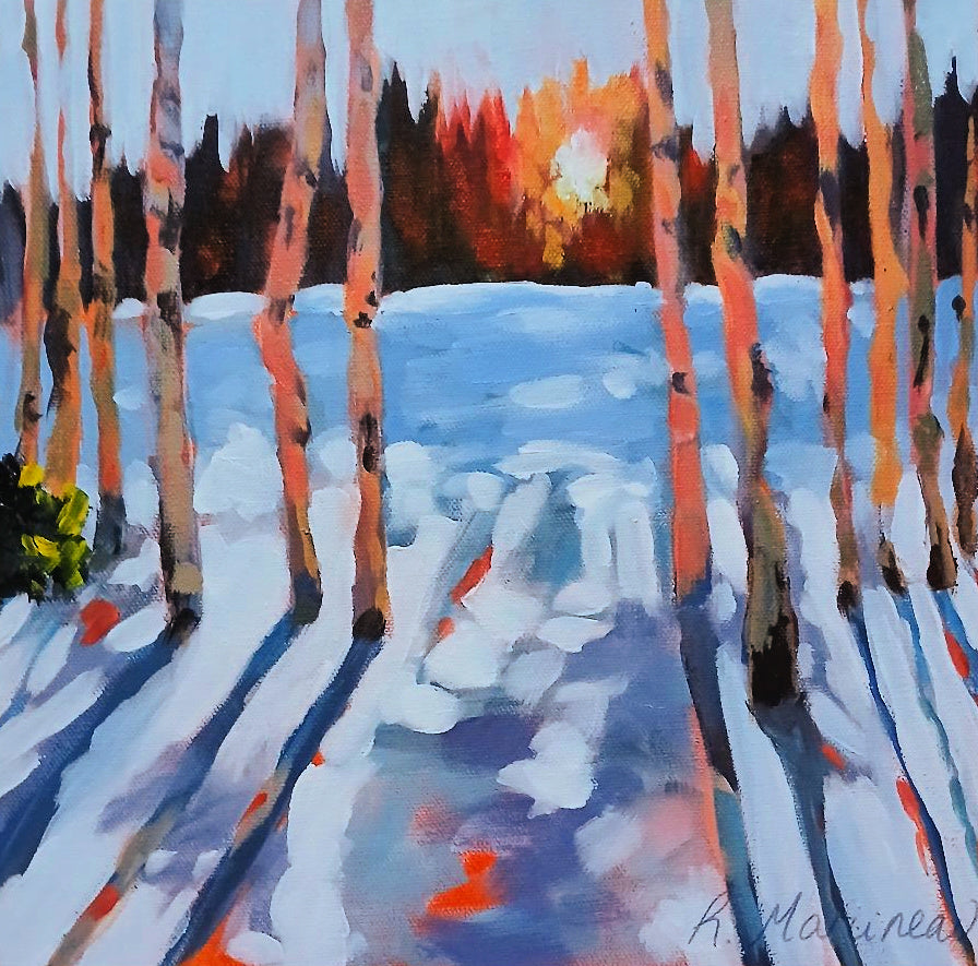 Winter landscape with snow-covered ground and birch trees, featuring a sunset.