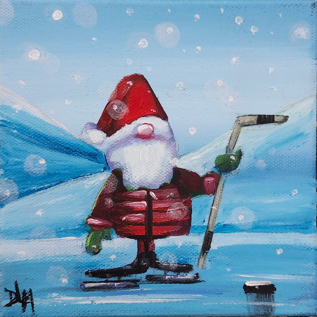 Painting of a Santa Claus character ice skating on a snowy background