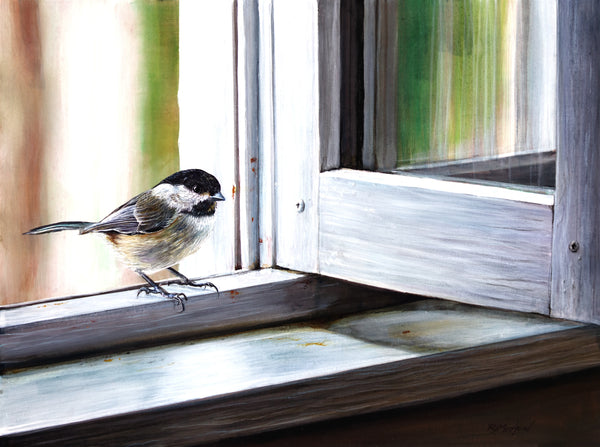 a chickadee perched on an open window sill