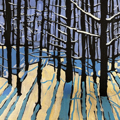 Artistic depiction of a forest with bare trees and blue sky