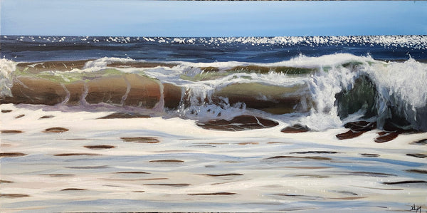 Painting of ocean waves crashing onto a beach with a clear blue sky.