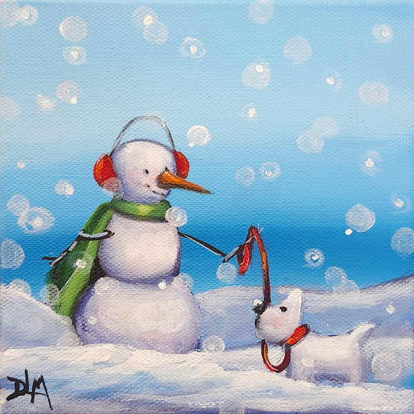 Painting of a snowman with a dog on a snowy landscape