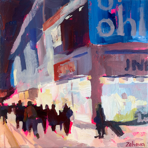 Colorful urban street scene with people and illuminated signs, artistic style