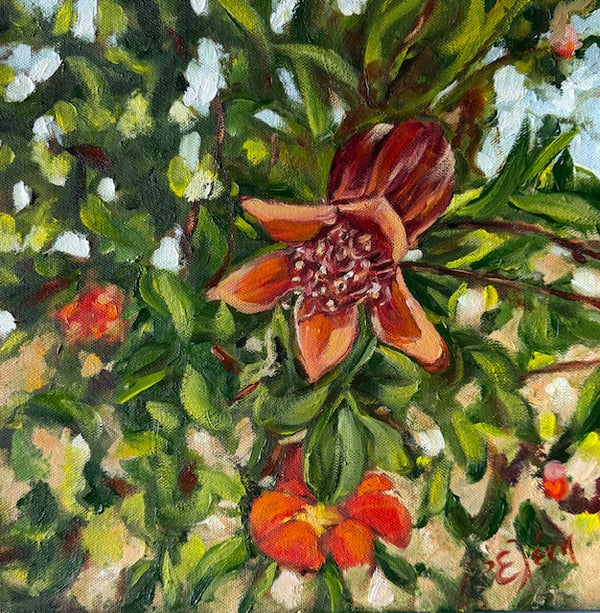 Oil painting of a pomegranate flower with green leaves and red flowers.