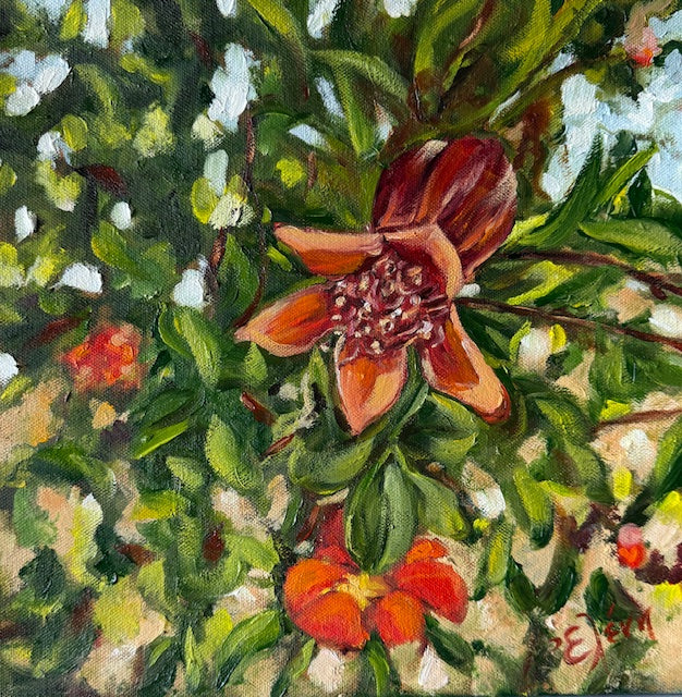 Oil painting of a pomegranate flower with green leaves and red flowers.