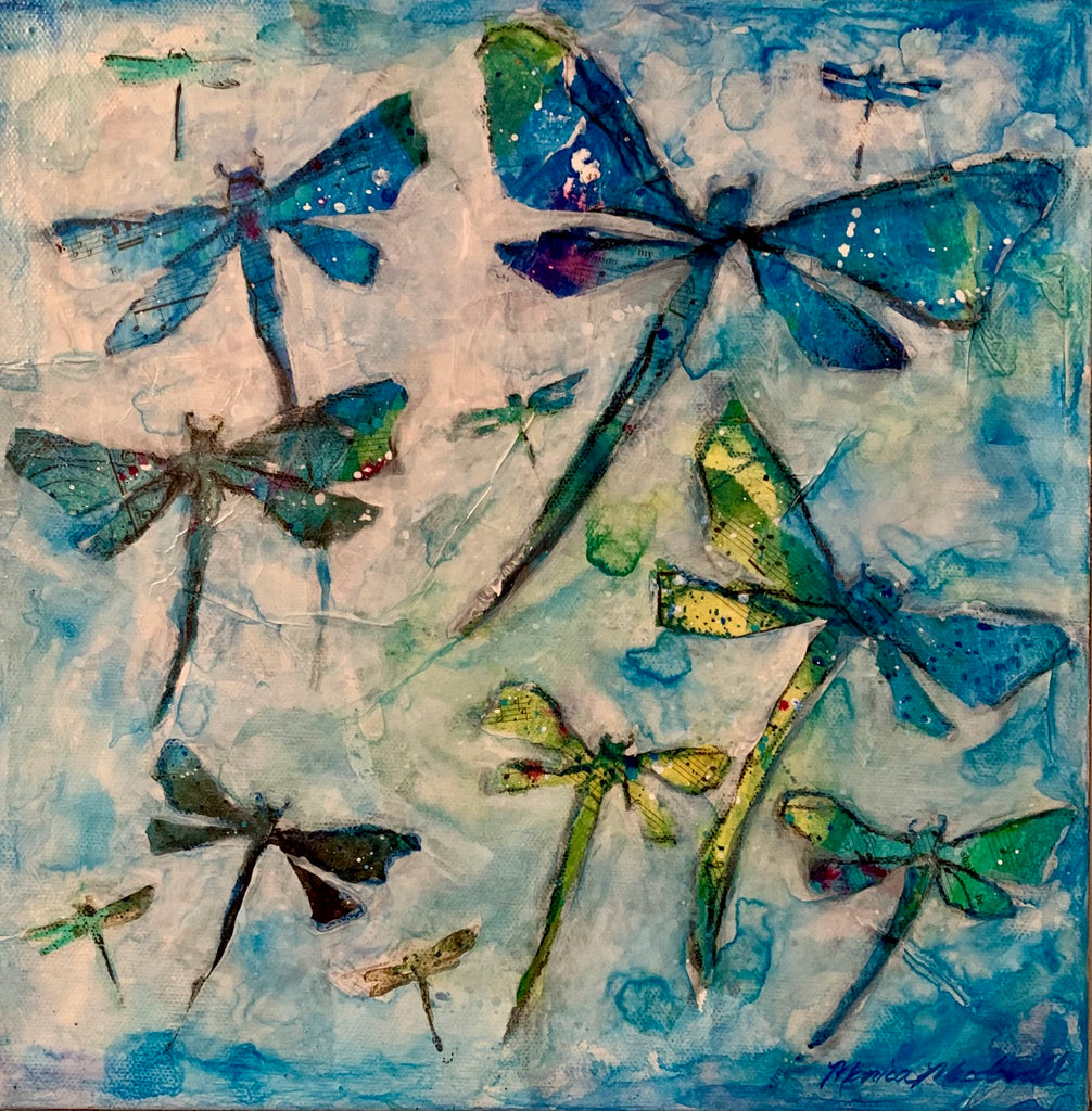 Artistic depiction of dragonflies on a textured blue and green background