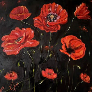 Artistic depiction of red flowers on a black background