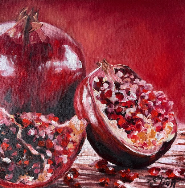 Painting of a pomegranate with one half open, showing seeds on a red background.