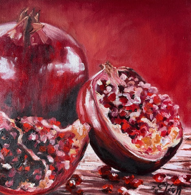 Painting of a pomegranate with one half open, showing seeds on a red background.