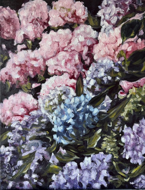 oil painting of purple and pink hydrangea blooms