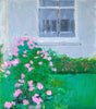 oil painting of a pink rose bush at the side of a gray house with window