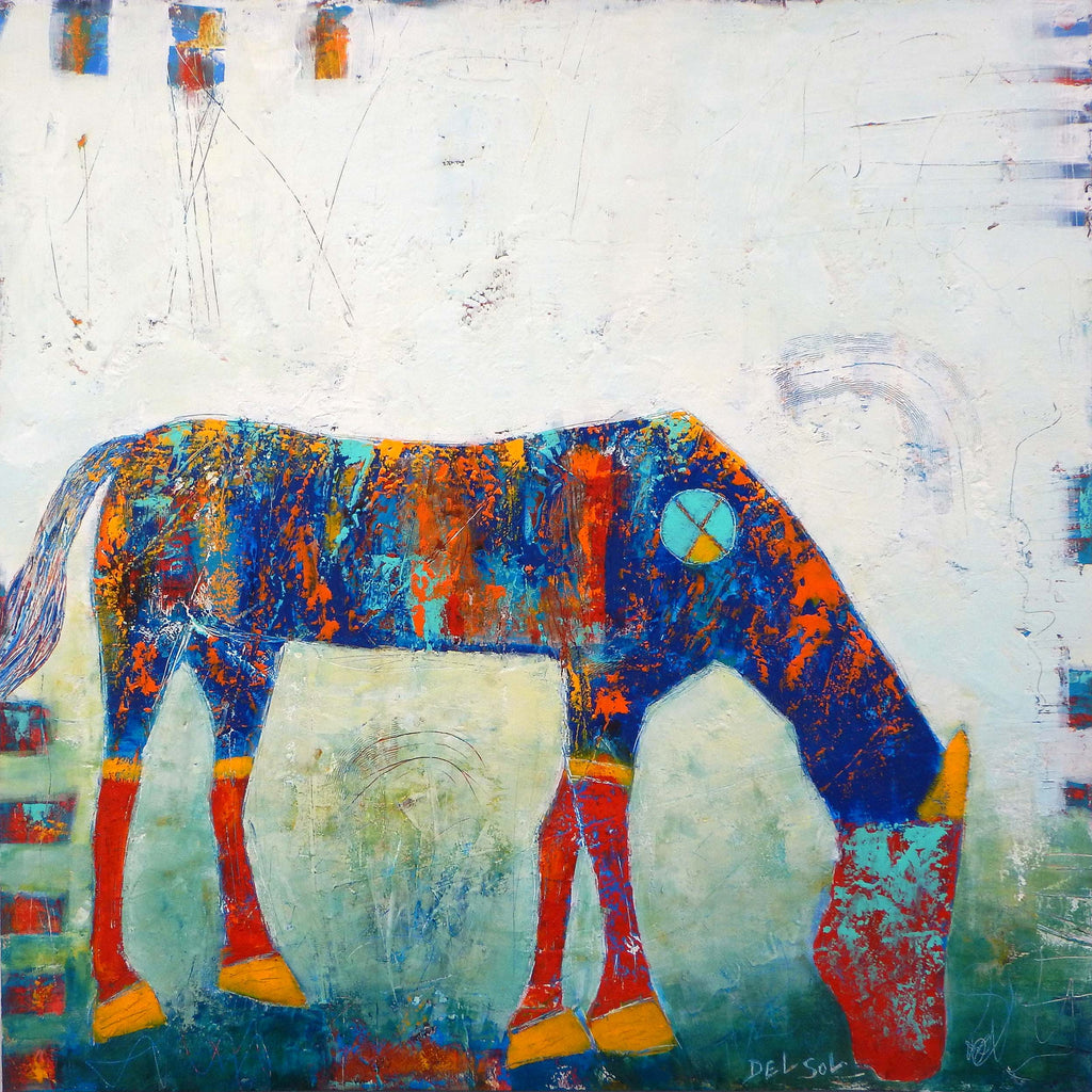 mixed media painting of an simplistic abstracted horse with it's head lowered to graze. The horse has orange hooves, knees and ears, and red legs and head, with a mainly deep blue body. It sits against a light background with gets darker towards the bottom.  