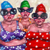 Oil painting featuring three older ladies in colourful spotted bikinis and wild huge sunglasses, painted in Jamie McCallums signature thick oils. 