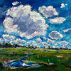 A vibrant impasto oil landscape painting of a field and large fluffy white cloudsby Canadian artist Jamie McCallum