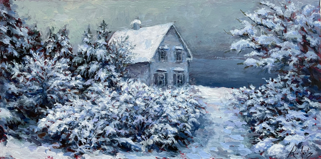 small scale painting on wood in mainly blue tones of a small house in a snow covered landscape by kim aerts. 